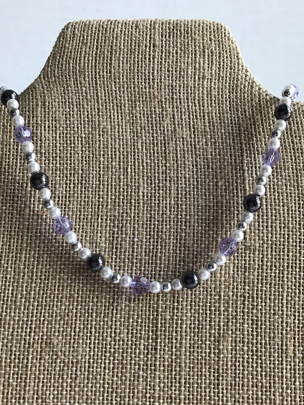 Glass Beaded Necklace or Bracelet with Faux Pearls - Magnetic White and Purple